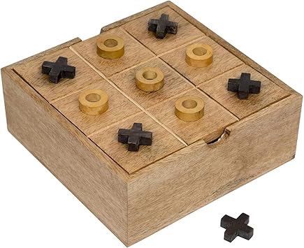 Fine Craft India Wooden Game Set of 2 Games Tic Tac Toe Puzzle and Solitaire Board Game 8 inch
