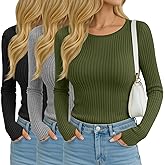 Oakgarden 3 Pack Women's Ribbed Long Sleeve Tops Crew Neck Slim Fit Cotton Shirt Basic Casual Tee with Thumb Hole