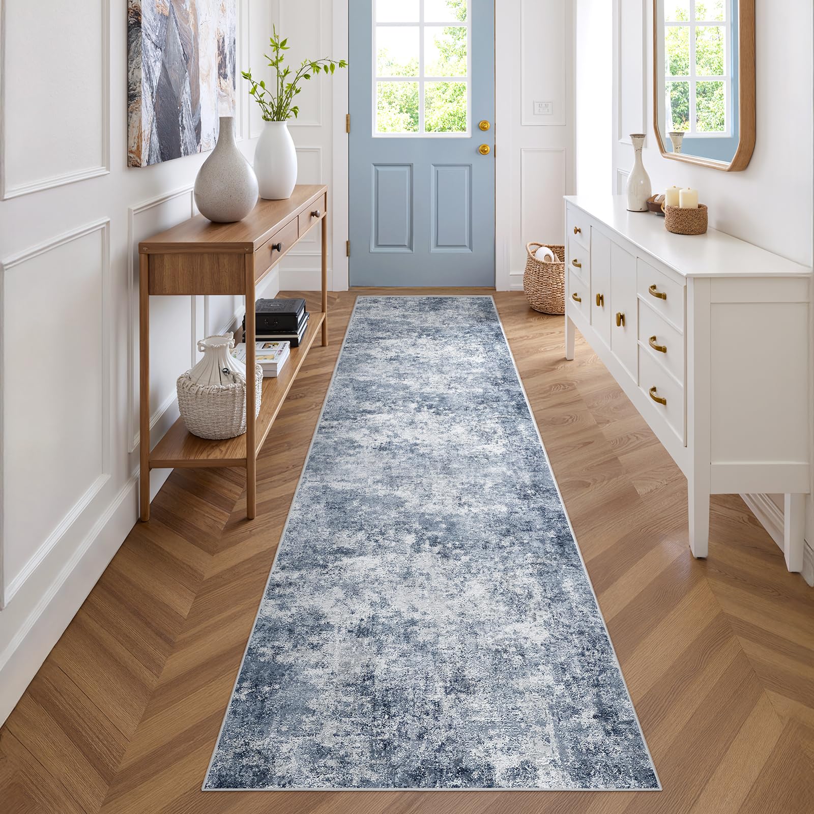 Photo 1 of WITSHOCK Blue Abstract Washable 3x10 Hallway Runner Rug: Extra Long Runners for Kitchen, Bathroom, Stair, Non-Slip Floor Carpet Rugs for Large Entryway Indoor, Vintage Multi Ashen Floral Decor