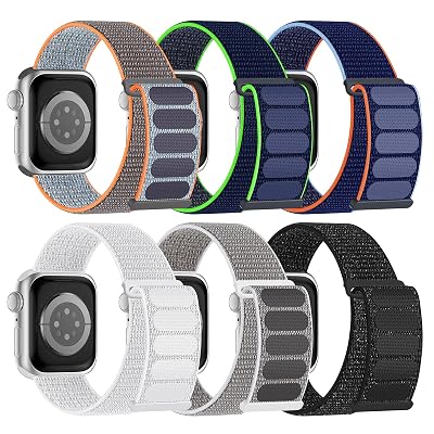 6 Pack Sport Nylon Loop Band Compatible with Apple Watch Band 38mm 40mm 41mm 42mm 44mm 45mm 46mm 49mm for Women Men, Adjustable Breathable Braided Straps for iWatch Series 11/10/9/8/7/6/5/4/3/SE/Ultra
