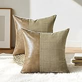 QoBexim Set of 2 Faux Leather Patchwork Linen Plaid Pillow Cover 18x18 Inch, Khaki Decorative Throw Pillow Covers Modern Farmhouse Boho Accent Cushion Cover for Couch Sofa Bed Living Room