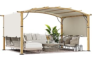 HAPPATIO 10' x13' Outdoor Retractable Pergola, Patio Metal Pergola with Sun Shade Canopy, Wood-Grain Aluminum Pergola with Canopy Fixed in Various Positions, Metal pergola for Backyards (Beige)