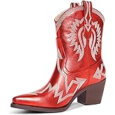 HOCHFART Western Boots for Women Metallic Embroidered Pointed Toe Cowgirl Boots Chunky Heel Pull-On Short Cowboy Boots Wide Calf Country Ankle Boots