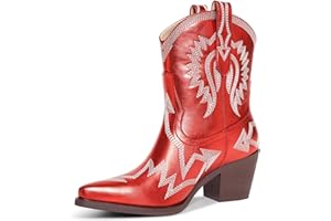 HOCHFART Western Boots for Women Metallic Embroidered Pointed Toe Cowgirl Boots Chunky Heel Pull-On Short Cowboy Boots Wide Calf Country Ankle Boots