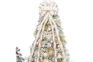 Hismir Christmas Tree Topper Bow，53x15 Inches Large Christmas Bow with Glitter Streamer and Patterned Ribbon，Decorative Bows for Xmas Tree Wreath Door Festival Home Decor(White Gold)