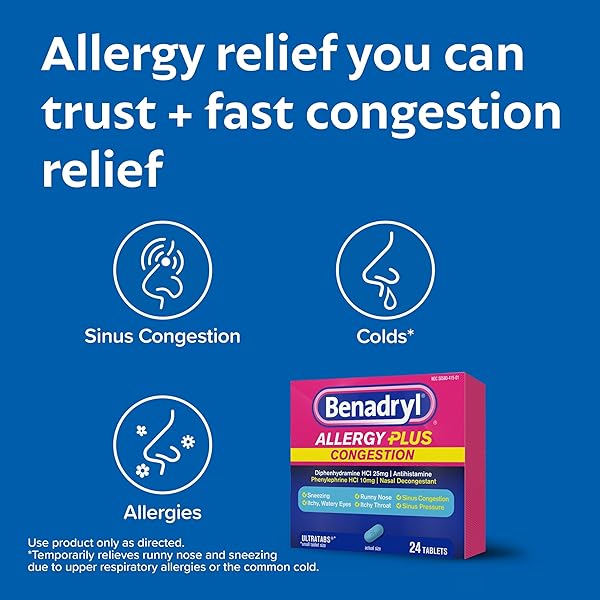 BENADRYL ALLERGY PLUS CONGESTION ULTRATABS, MEDICINE WITH DIPHENHYDRAMINE HCL ANTIHISTAMINE & PHENYLEPHRINE HCL NASAL DECONGESTANT, SINUS CONGESTION RELIEF TABLETS, 24 CT