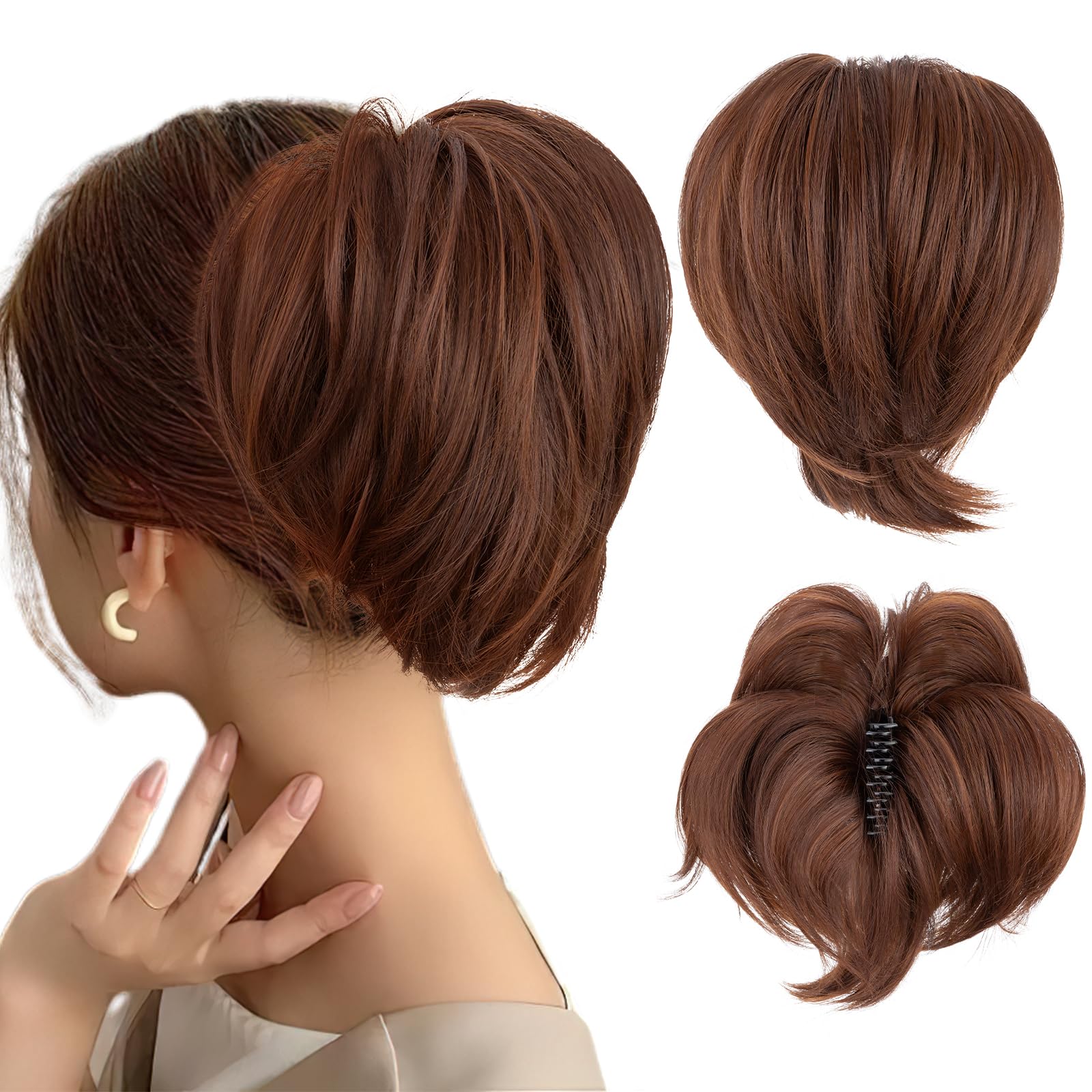 SEGOHAIR Claw Clip Short Ponytail Extension Messy Bun Hair Piece, Bendable Metal Wire Fake Bun Hair Pieces for Women-Fake Ponytail DIY Styles Hair Buns Hair Piece-Brown & Auburn
