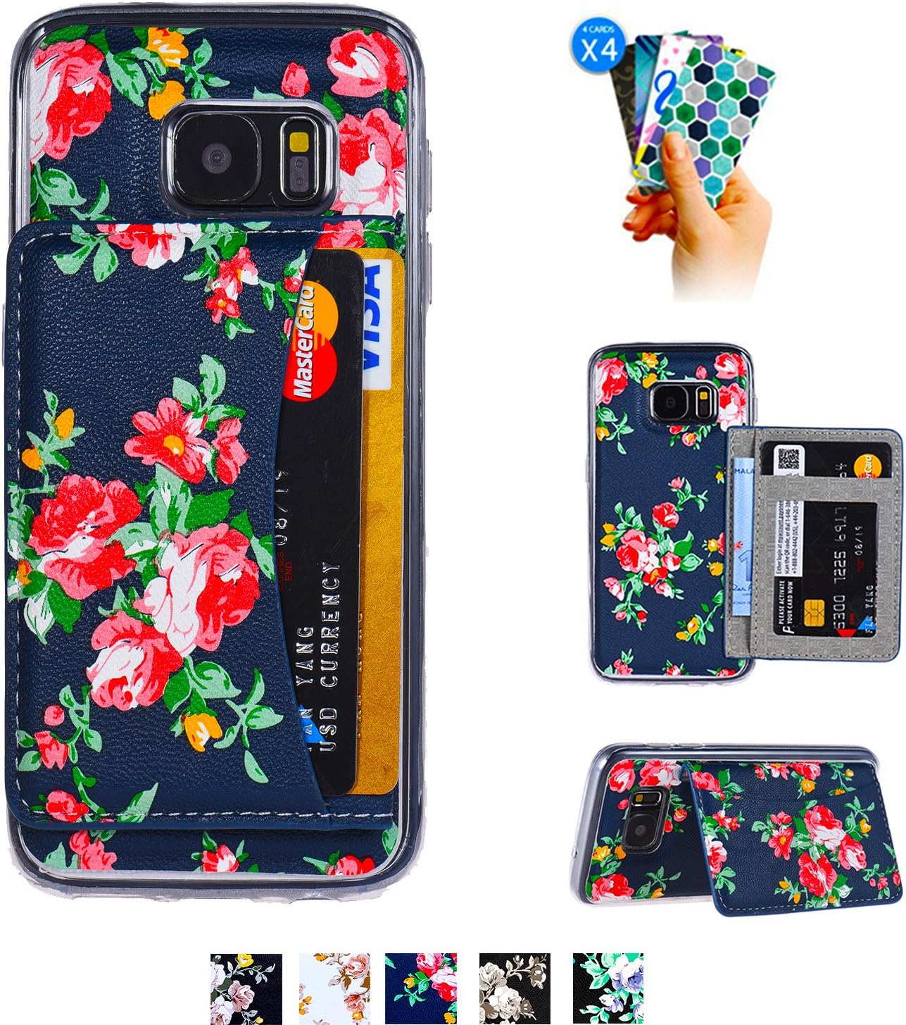 Galaxy S7 Card Case,Galaxy S7 Wallet Case,Tripky Flower Floral Flip Folio Wallet Cases PU Leather Magnetic Holster Phone Case for Galaxy S7 with [Kickstand][3 Card Slots]-Red&Blue