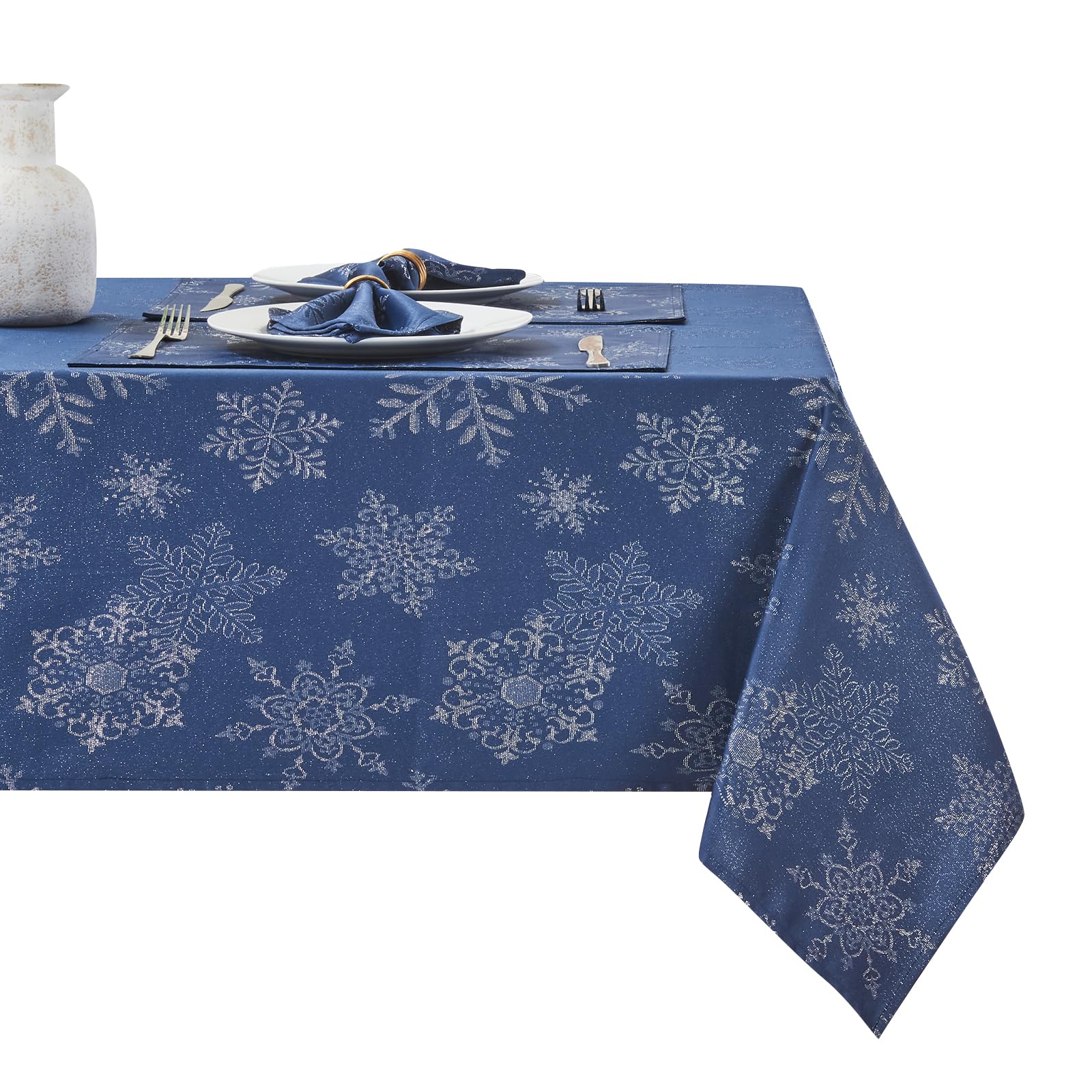 HomeJoy Rectangle Fancy Metallic Sparkling Snowflake Christmas Fabric Table Cloth red Hunter Gold Navy White Silver No-Iron Soil Resistant Woven Holiday Table Cover(Navy Silver/60x120Inch) Image