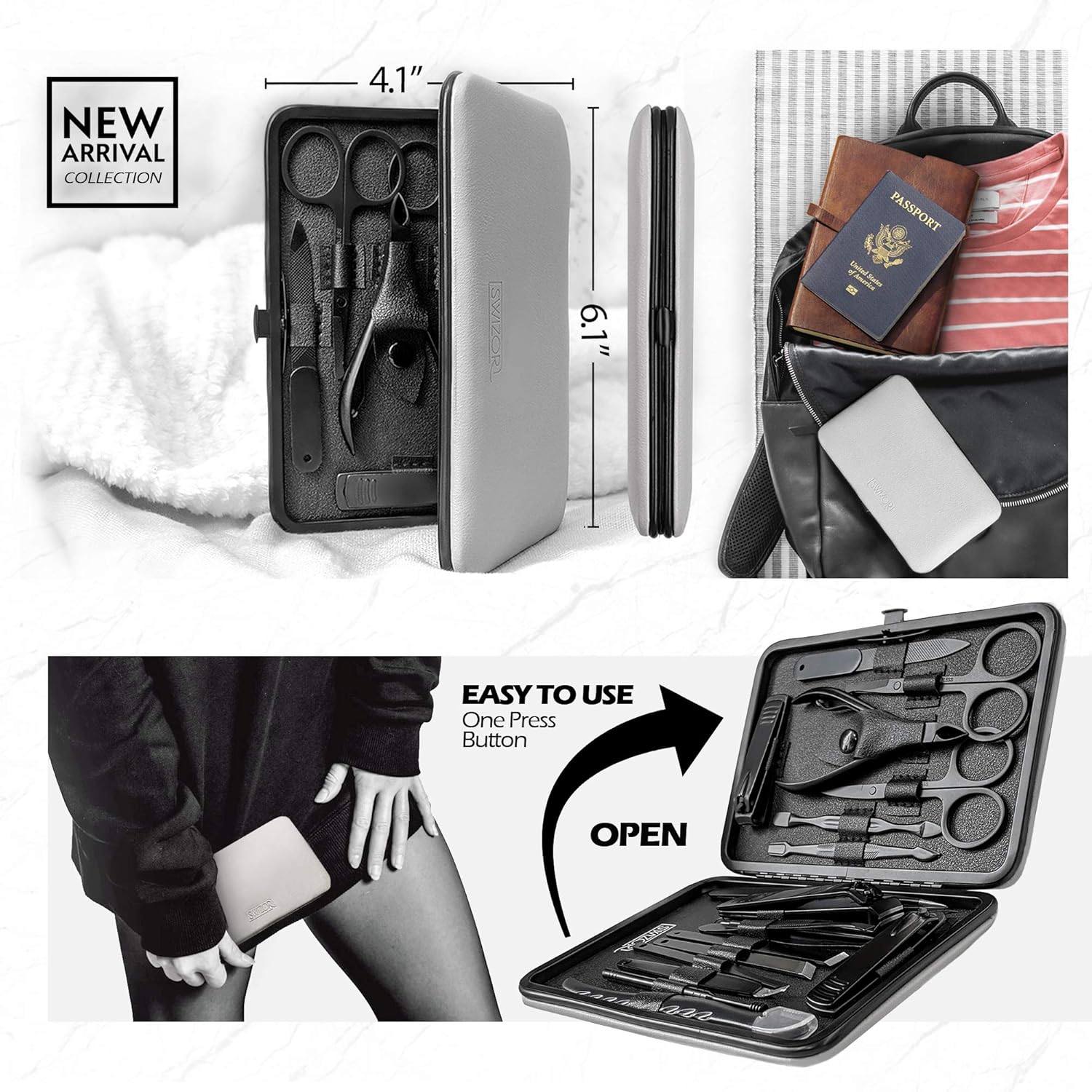 Swizor Pedicure and Manicure Set - Luxury Fingernail & Toenail Grooming Kit for Men & Women - Professional Nail Care Essentials for Personal Use, Salon, Spa, Travel - Stainless Steel in Leather Case : Beauty
