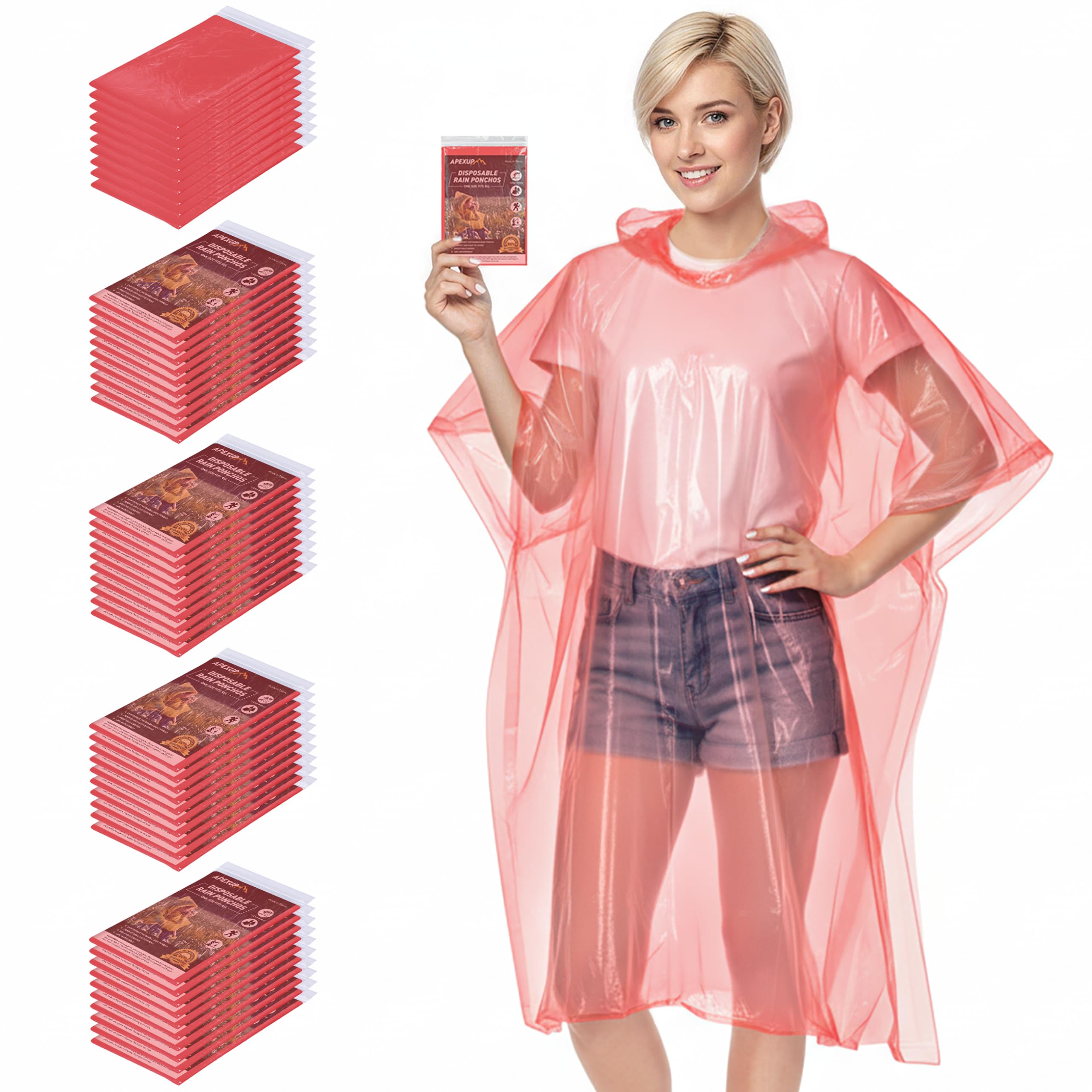 APEXUP Emergency Disposable Rain Ponchos for Adults for Camping Hiking Travelling,Red (50 Pack) Image