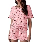 Ekouaer Womens 100% Cotton Pajamas Set Ruffle Sleeves Top and Short Soft Sleepwear 2 Piece Lounge Set with Pockets