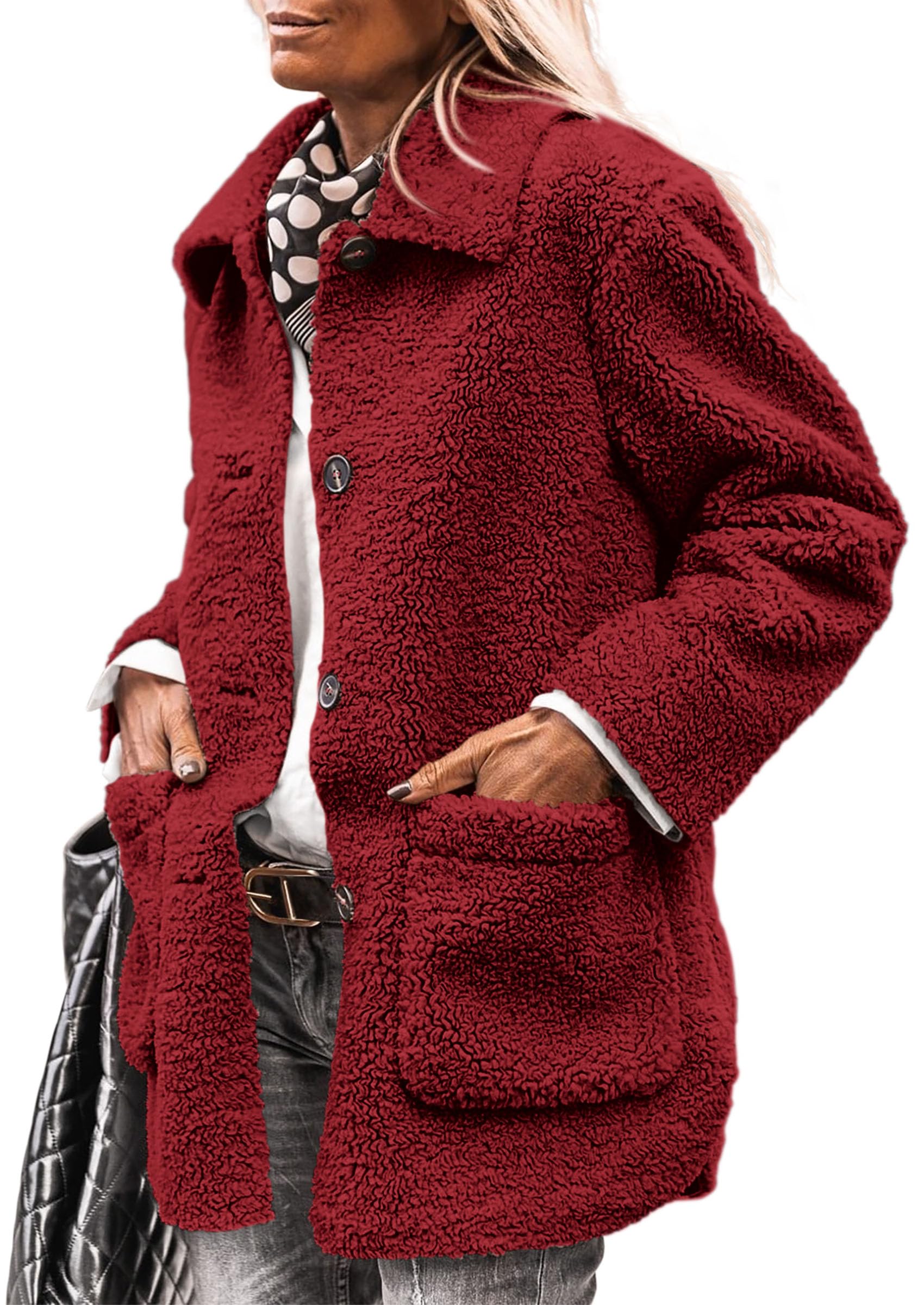Photo 1 of PRETTYGARDEN Women's Winter Faux Fur Coats Long Sleeve Lapel Button Down Pockets Fleece Sherpa Jacket Casual Trendy Outerwear (Jujube Red,XX-Large)