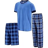 US Angels Boys Pajamas Set | 3-Piece Pant, Shirt, Shorts Sleepwear Pjs for Kids | Loose Fit, Soft, Breathable Blue Plaid