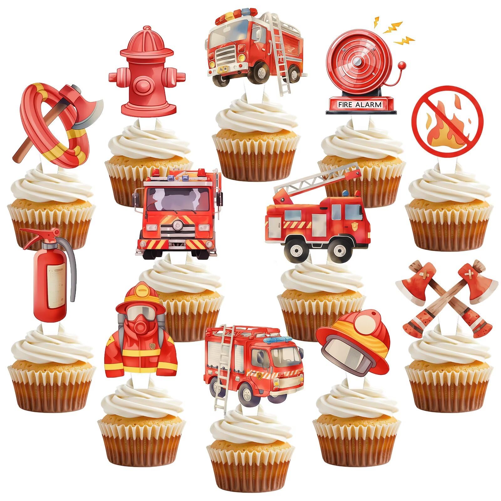 48 Pcs Fire Truck Cupcake Toppers Firetruck Birthday Decorations Firefighter Cupcake Toppers Fire Truck Birthday Decorations