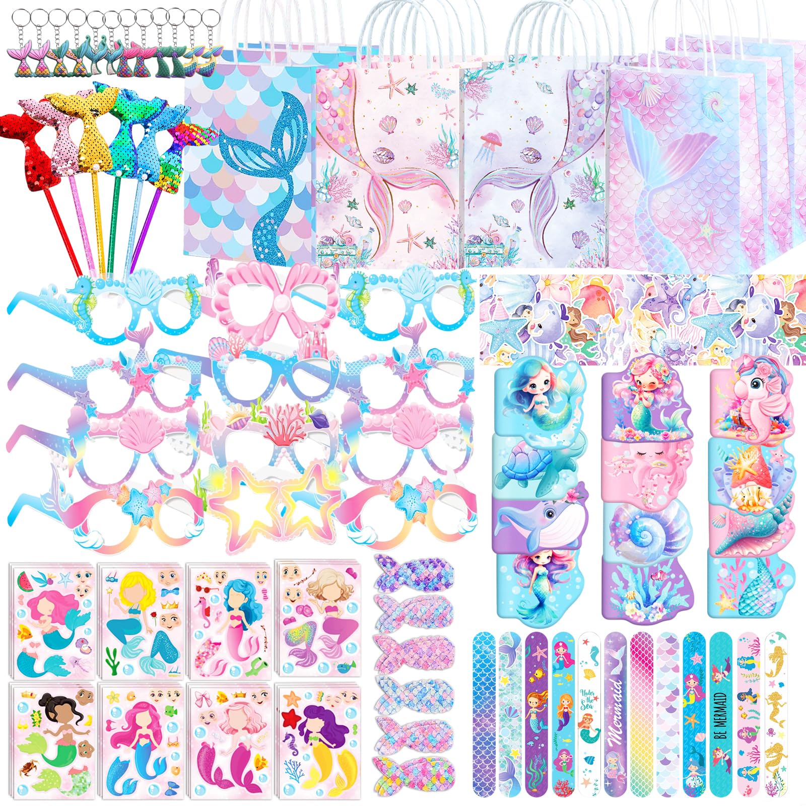 Photo 1 of 158Pcs Mermaid Party Favors, Little Mermaid Decorations with Slap Bracelet, DIY Stickers, Glasses, Hair Clips, Key Chains, Mini Notebooks, Pens, Gift Bags for Birthday Party Themed Decorations