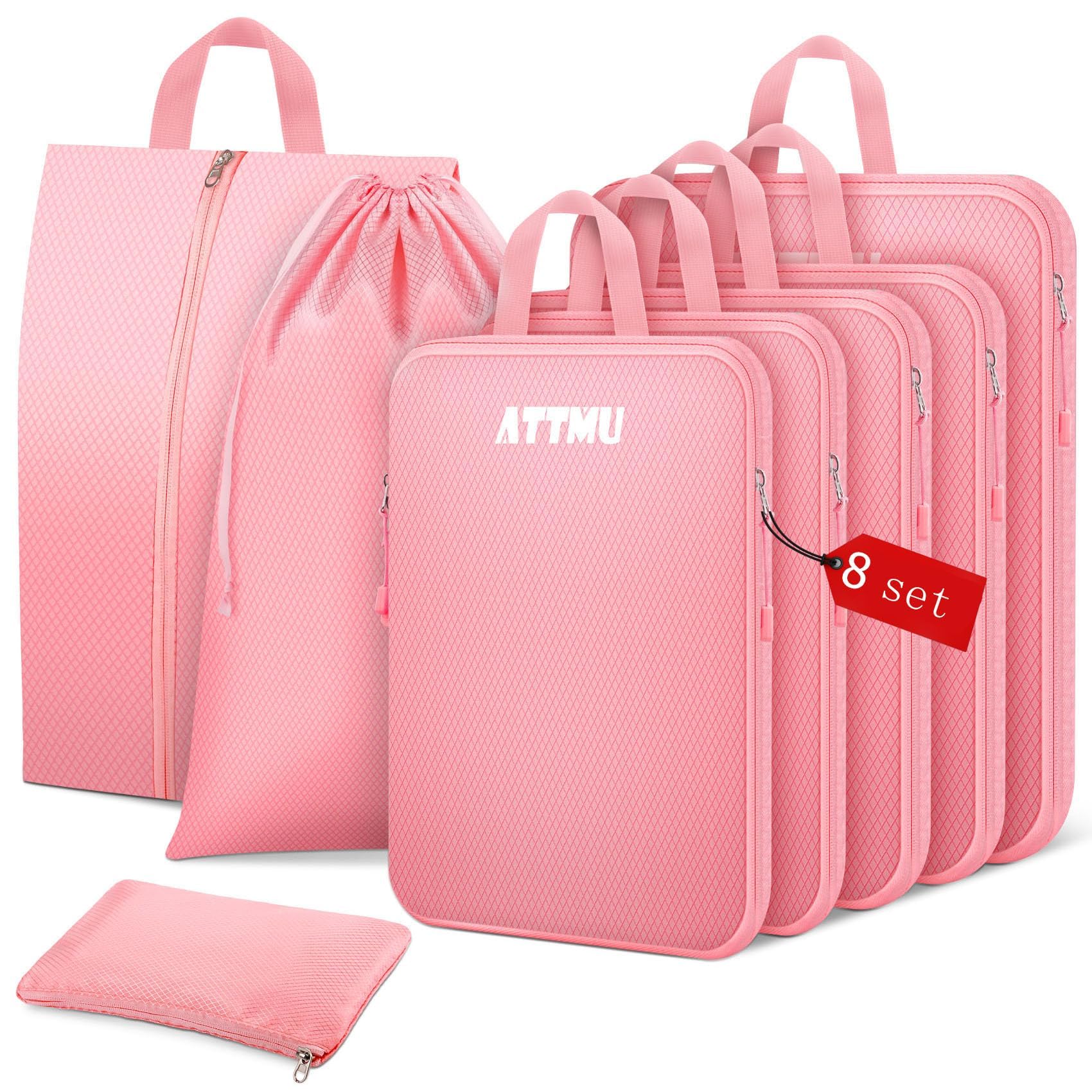 Photo 1 of 8 Set Compression Packing Cubes for Travel, Expandable Compression Cubes for Suitcases, Lightweight Suitcase Organizer with Shoes & Laundry Bags, Travel Accessories for Men Women (Pink)