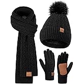 Winter Beanie Hat Scarf Gloves Set for Women, Pom Pom Beanie Fleece Lined Knit Neck Warmer Touchscreen Gloves 3 in 1 Gift Set