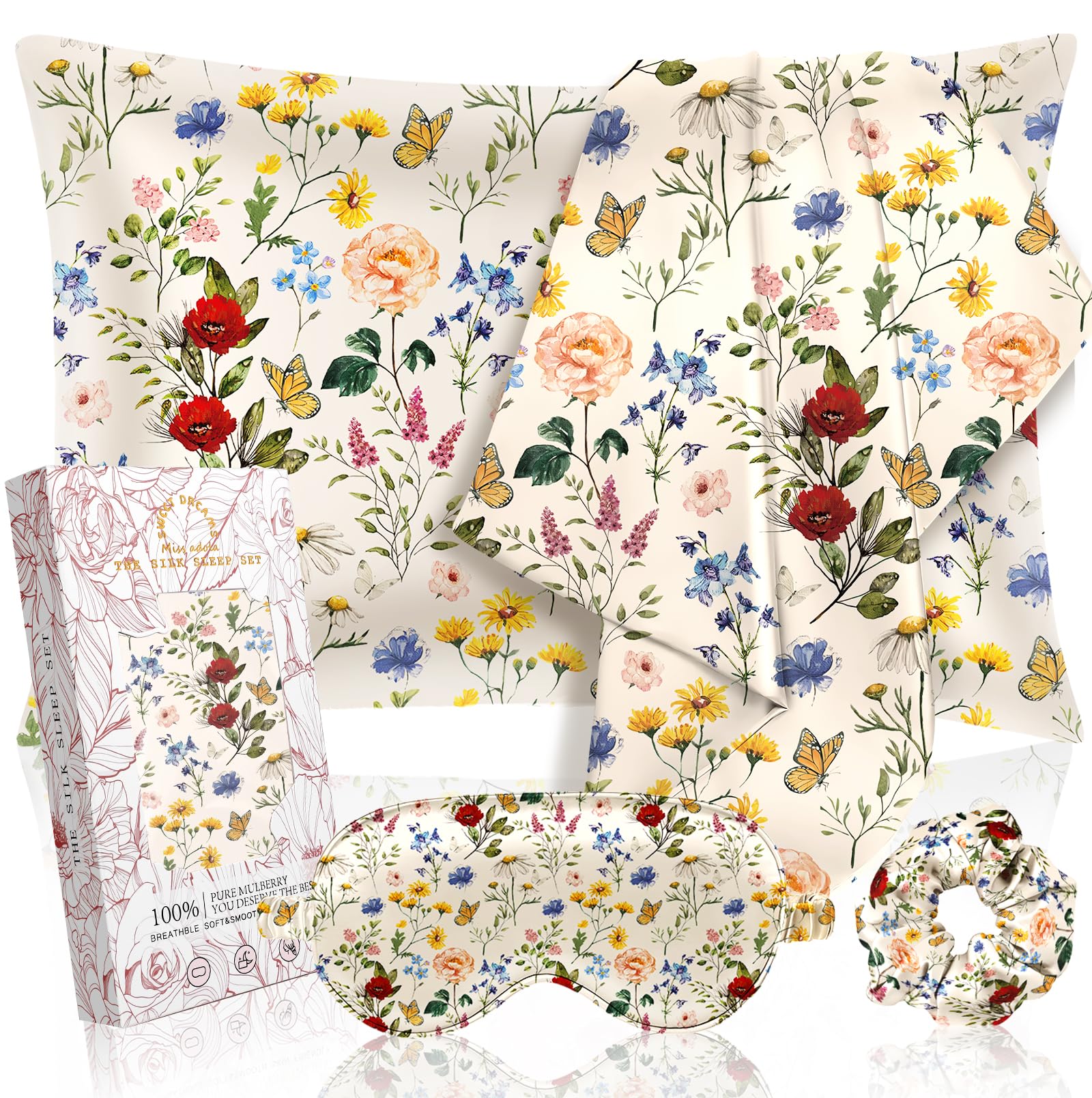 Miss Adola Mulberry 1Pack Silk Pillow Case for Hair and Skin 19 Momme Standard 75 x 50cm Silk Pillowcase with Eye Mask & Scrunchie Soft Pillowcase Sleeping Gift for Women, Vintage Flower