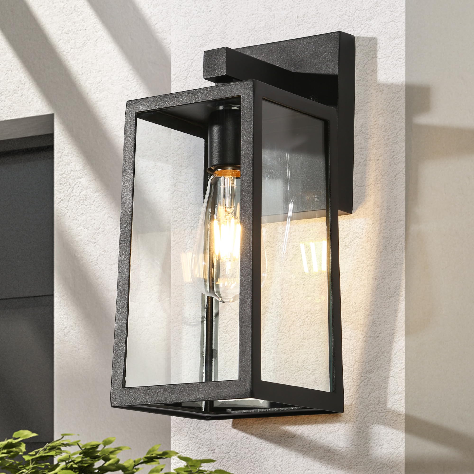 Photo 1 of LALUZ Outdoor Wall Lights, Black Modern Outdoor Light Fixture Wall Mount with Clear Glass, Farmhouse Rectangular Waterproof Outdoor Exterior Wall Sconce Lantern Lights for House Porch Patio Entryway