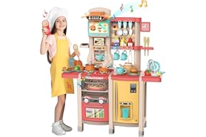 SANDINRAYLI Kids Play Kitchen,Kitchen Playset with 65pcs Kitchen Toys for Toddlers,Play House Accessories with Spray Stove, Simulated Steam, Sink, Oven,Dishwasher, Real Sounds and Light for Girls and Boys