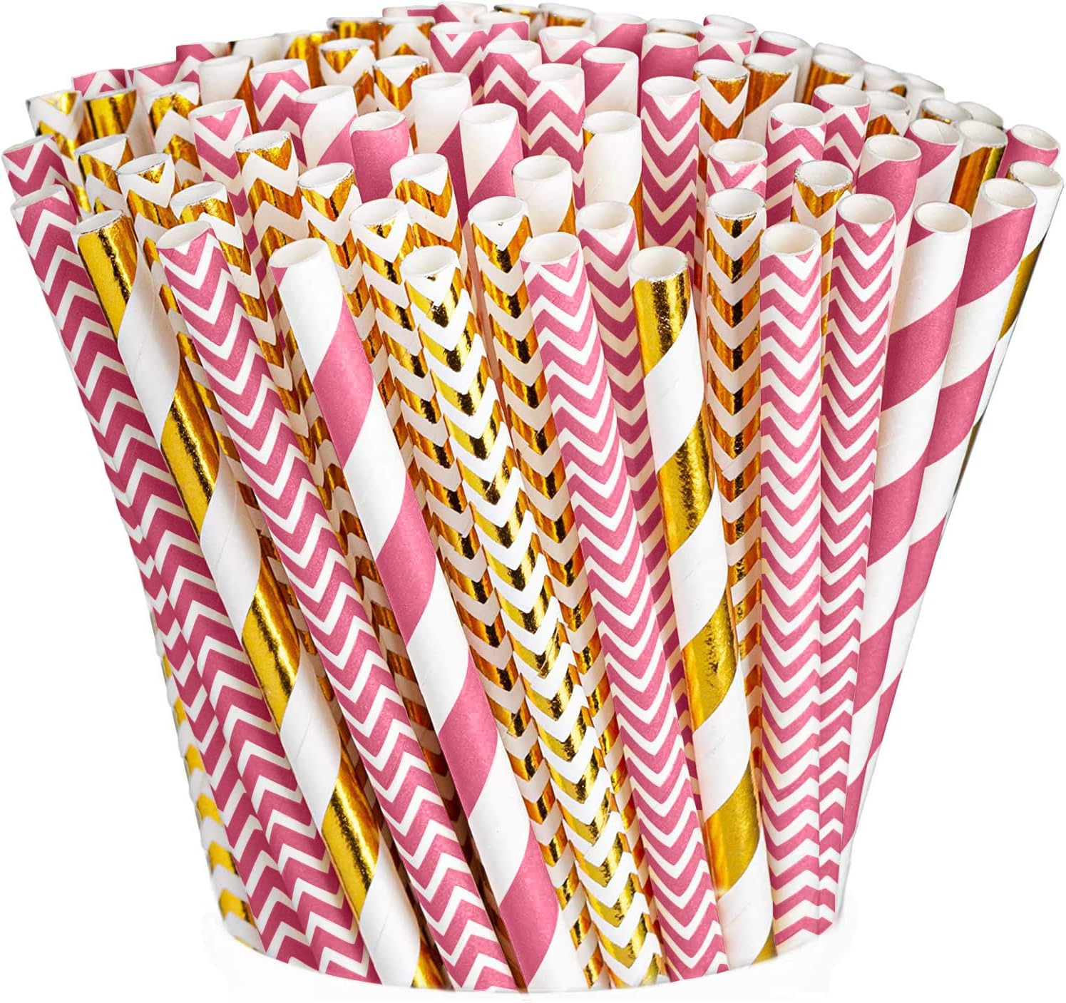 [200 Pack] Pink & Rose Gold Paper Drinking Straws 100% Biodegradable Multi-Pattern Party Straws…: Kitchen & Dining