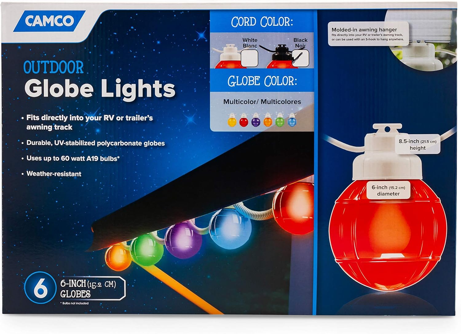 Camco 42760 Decorative RV Awning Globe Lights 6 Multicolor Globes on Black Wire, Fits Directly