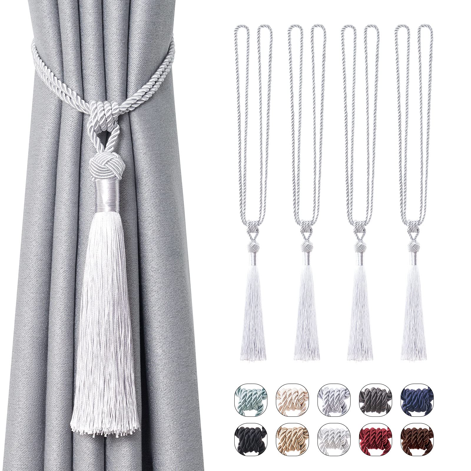 Pretty Jolly 4 Pack Long Tassel Curtain Tiebacks Handmade Braided Rope Knot Drape Tie Backs European Style Decorative Curtain Holdbacks for Home & Office Window Drapery (Silver Grey)