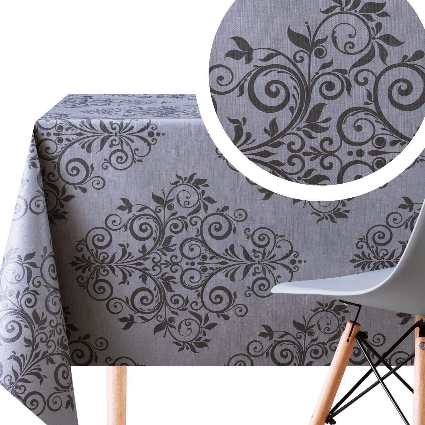 KP HOME Large Luxury Dark Grey With Black Baroque Print PVC Wipe Clean Oilcloth Tablecloth - 250 x 140 cm - Easy Care Embossed Thick Rectangular Wipeable Vinyl Plastic Table Cloth