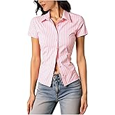 winkbay Women's Striped Button Down Shirt Summer Short Sleeve Collared Cute Blouses Dressy Casual Tops
