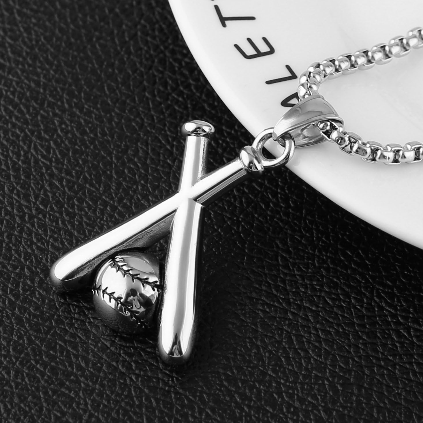 HZMAN Baseball and Baseball Bat Cross Youth Sports Stainless Steel Pendant Necklace 24'' Chain (Silver): Jewelry