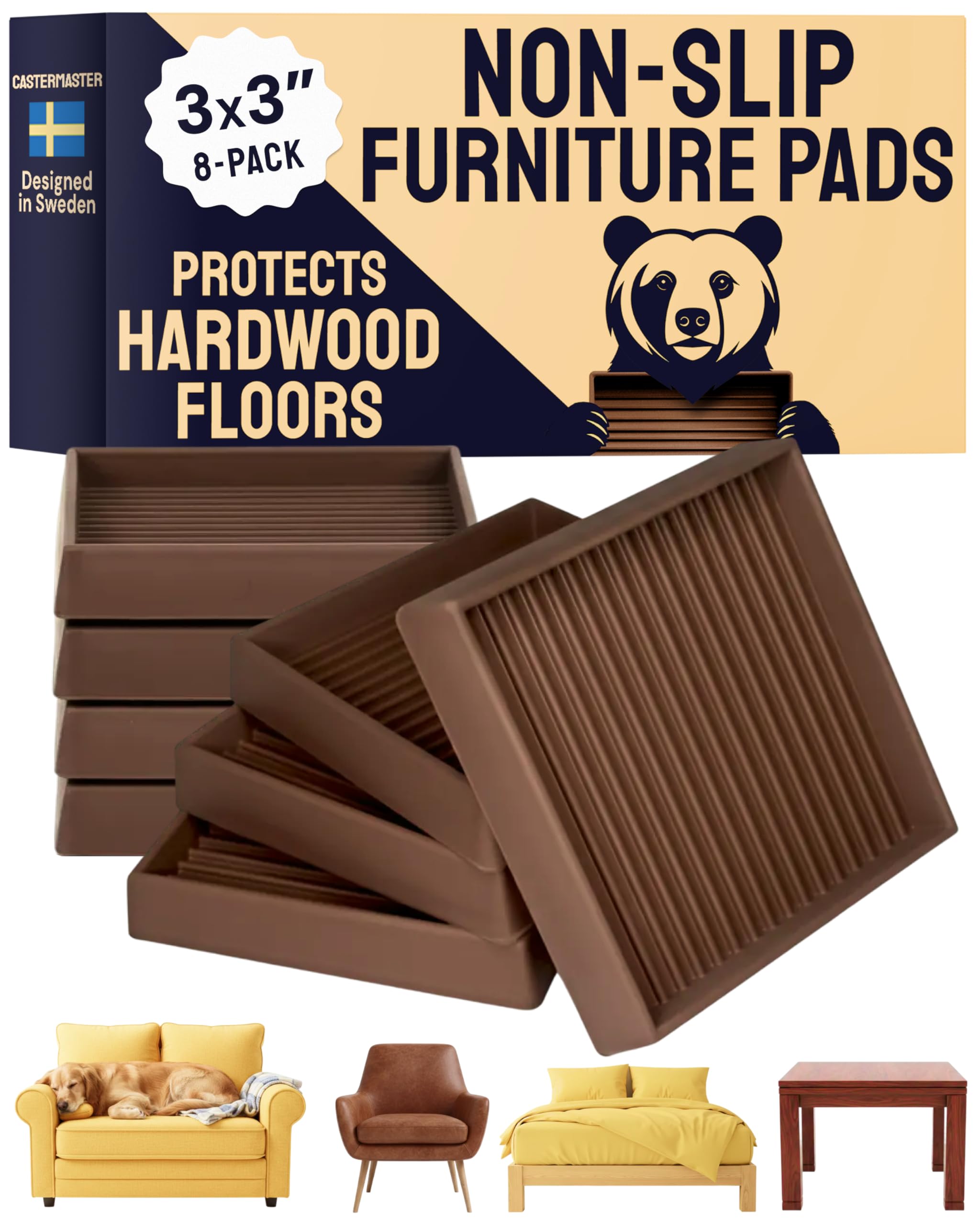 CasterMaster Non Slip Furniture Pads- 3x3 Square Rubber Anti Skid Caster Cups, Leg Coasters- Couch, Chair, Feet, and Bed Stoppers- Anti-Sliding Floor Protectors for Furniture (Set of 8) Brown