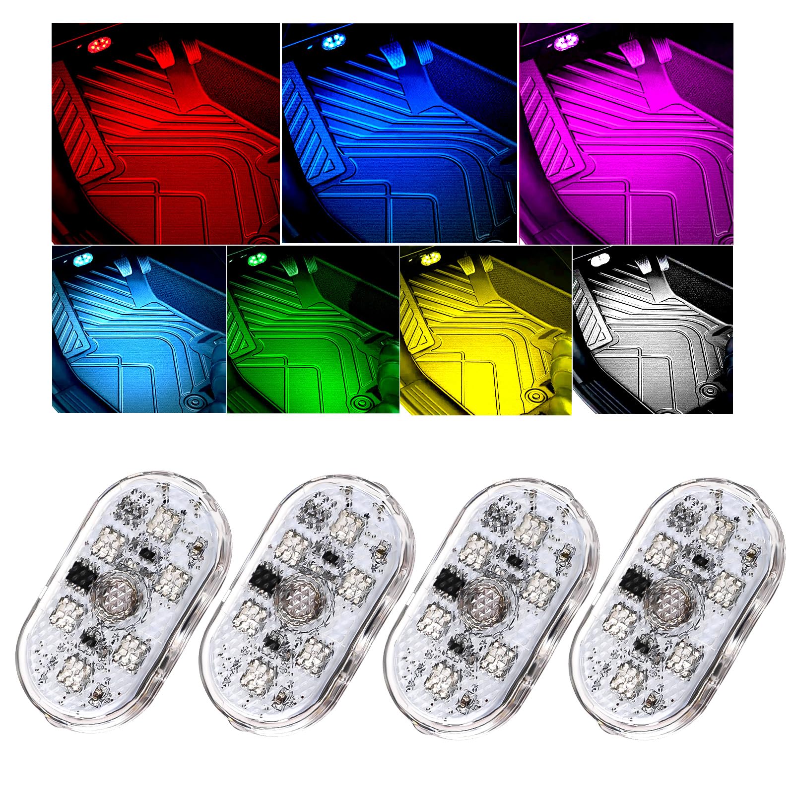 Photo 1 of Hbxdeco 4 PCS Car LED Lights Interior Wireless, Super Bright 7 Colors Auto Interior Ambient Light with 6 Bright LED Lamp Beads, Portable USB Rechargeable Car Led Night Light for Vehicle Decor