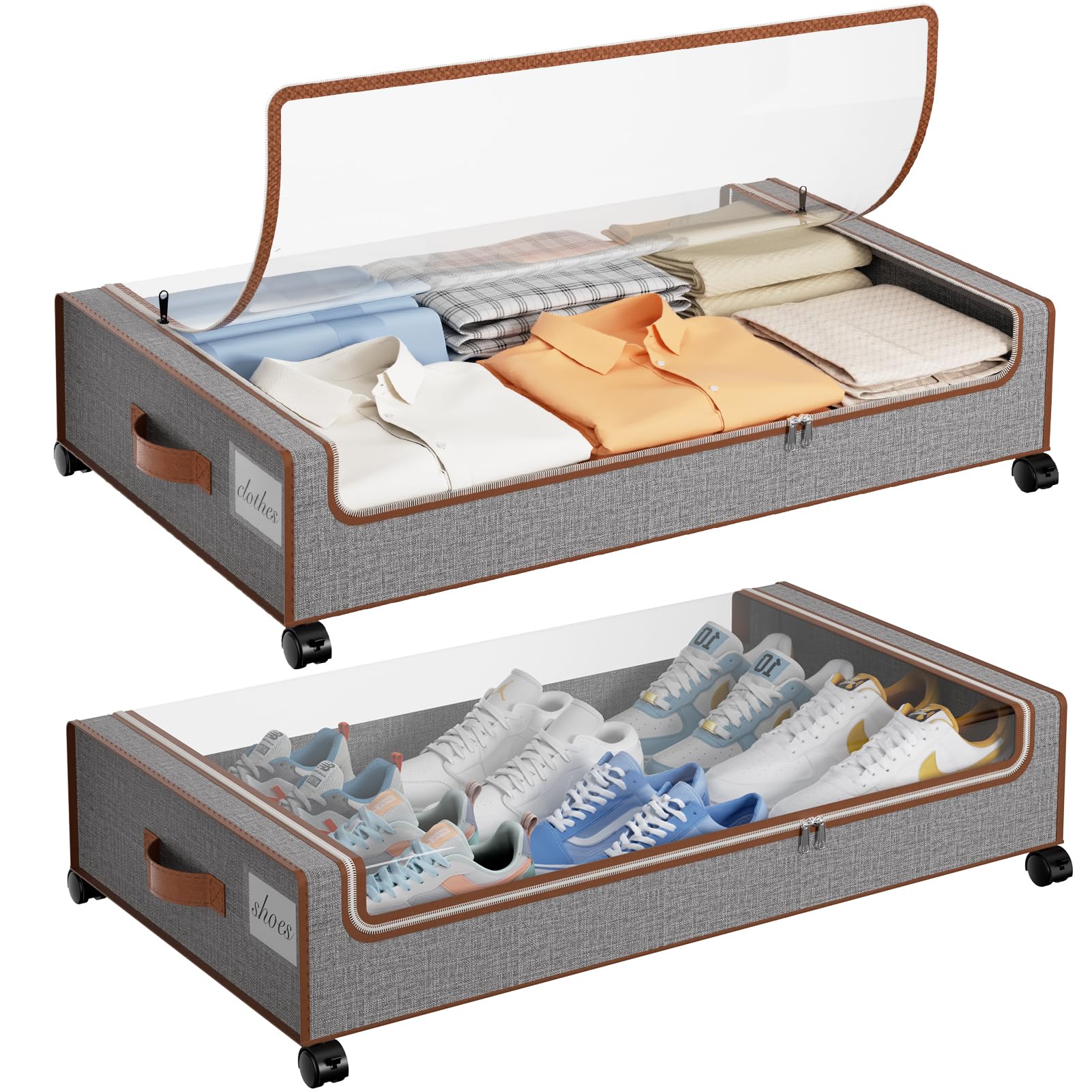 Yecaye Under Bed Storage with Wheels, 2 Pack Under the Bed Storage Containers with Lids & Label, XXL 60L Rolling Underbed Storage Drawers for Clothes, Blankets, Shoes