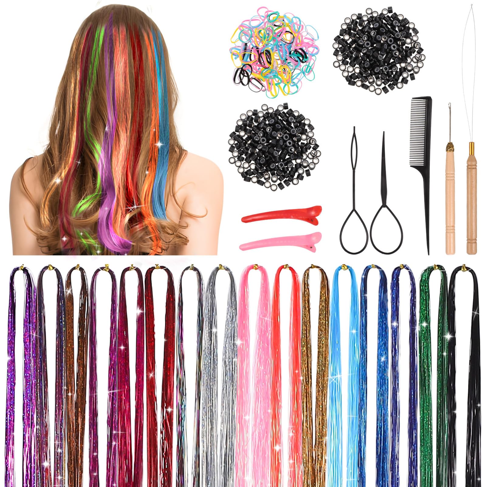 Healeved Hair Tinsel Kit with Tools 16 Colors 48 Inch Hair Extensions for Braiding and Styling Heat Resistant Glitter Strands for Parties Festivals and Cosplay