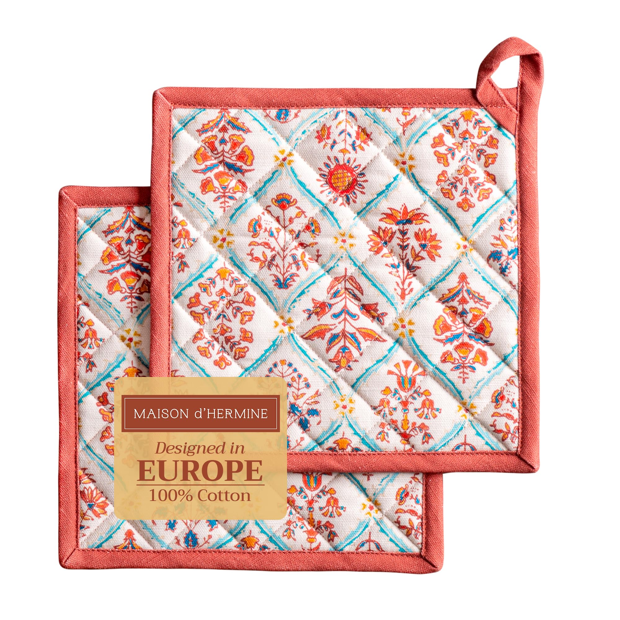 Maison d' Hermine Pot Holders Set 100% Cotton Heat Resistant Potholders 20 cm x 20 cm Hot Pads with Loop for Christmas Decorations BBQ Cooking Baking Handling Hot Pans (Pack of 2, Romane)