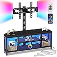 Corner TV Stand with Mount LED - Universal TV Mount Stand for 32-65" TV, Height Adjustable Swivel TV Console Wood & Steel Entertainment Center with Mount, Cabinet, Power Outlet, Colorful Light, Black