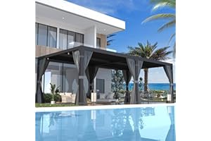 EROMMY Louvered Pergola 12' x 24' Outdoor Hard Top Pergola with Aluminum Frame and Adjustable Metal Rainproof Roof for Garden & Patio, Curtains and Netting Included, Gray-Black