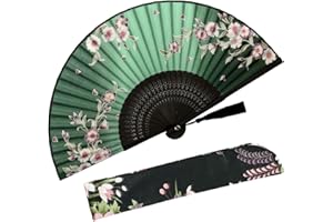 Zolee Small Folding Hand Fan - Chinese Japanese Vintage Bamboo Silk Fans - for Dance, Performance, Decoration, Wedding, Party, Gift (Redbud-Green) 0209