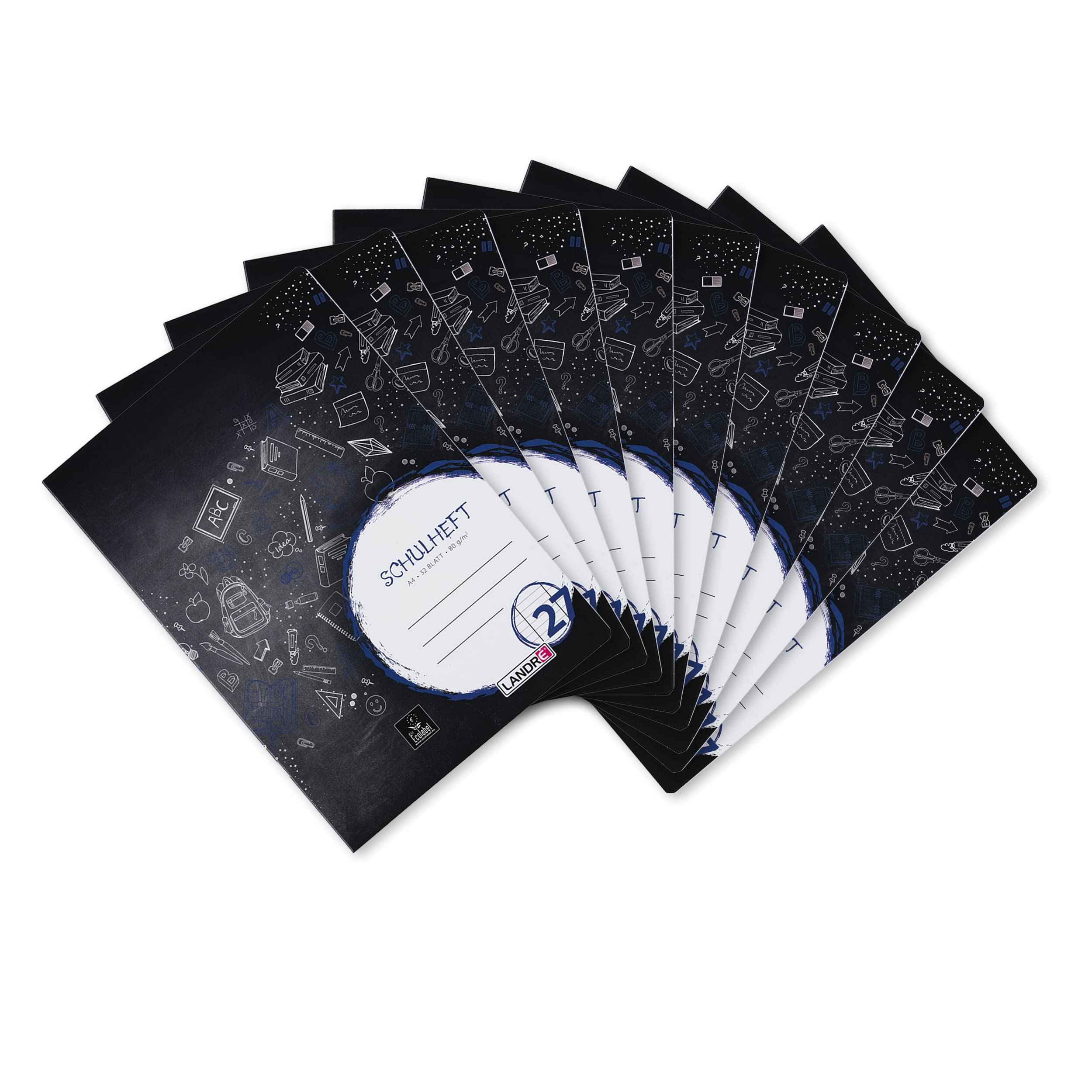 Landre 100050058 School Notepad A4 (32 Lined Sheets of 80 g/m² Fine, Wood-Free Writing Paper with Type 27 Ruling and Margin on Both Left/Right) Pack of 10 in 3 in Assorted Designs