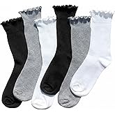 ZOKSX Ruffle Socks for Women 6 Pairs - Cute Frilly Crew Socks, Breathable Cotton Casual with Lettuce Edge, Soft & Comfortable