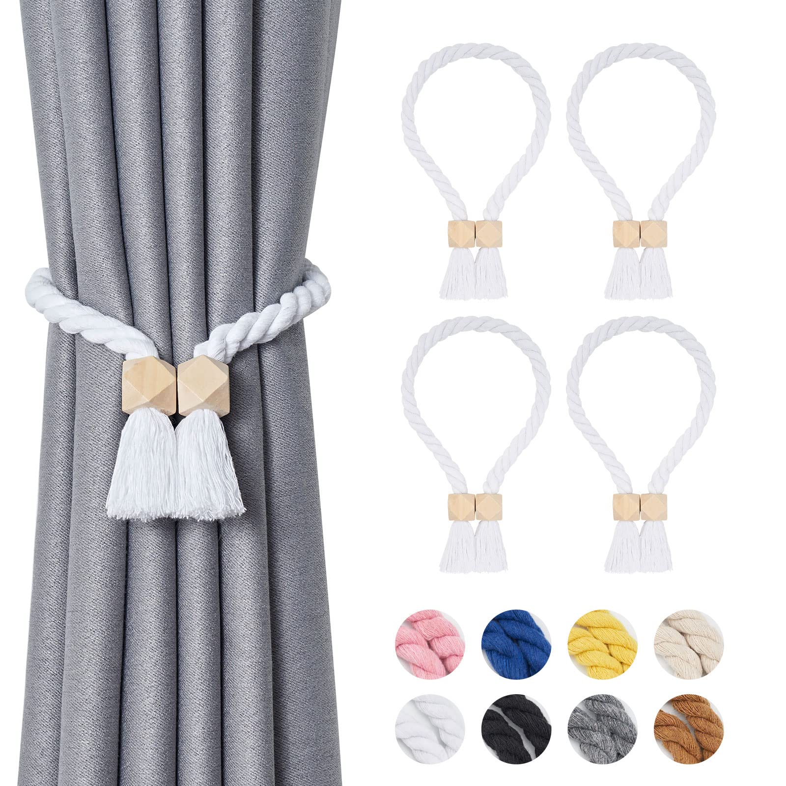 Pretty Jolly 4 Pack Wooden Polyhedron Magnetic Curtain Tiebacks Boho Home Decor Drape Tie Backs Natural Cotton Hand Woven Rope Curtain Holdbacks for Home & Office Window Draperies (White)