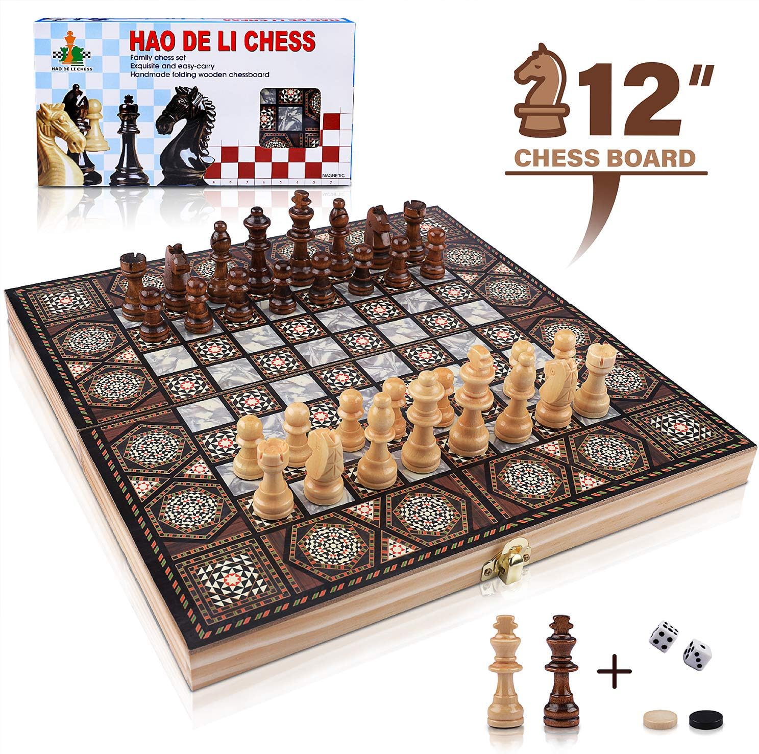 3-in-1 Chess Set - Chess & Checkers & Backgammon, Jionchery Wooden Chess Magnetic Chess Set, Travel Chess Set with Folding Chess Board, Best Chess Games Gift for Kids and Adults
