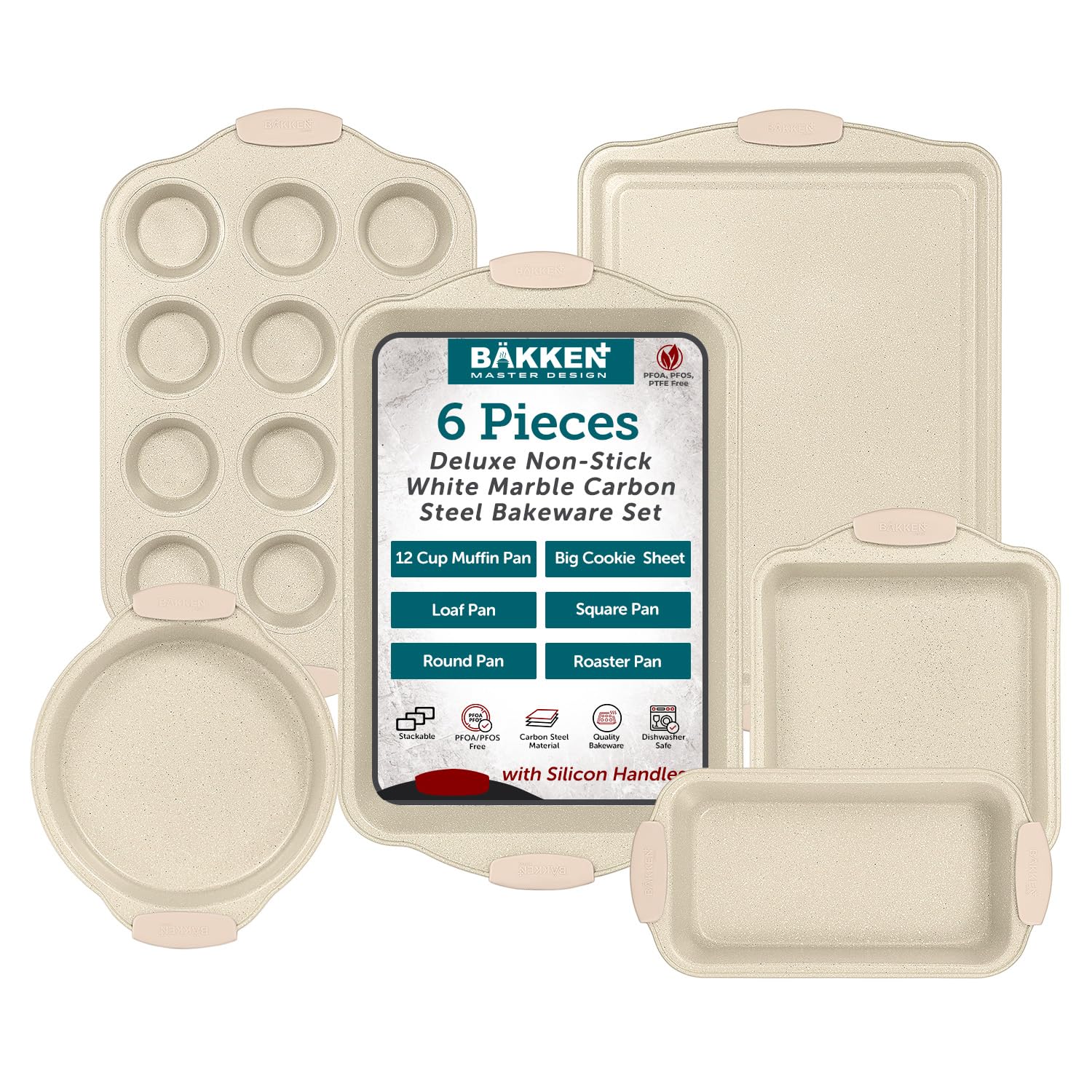 BAKKENMASTER 6-Piece Deluxe Nonstick Baking Pan Set - Professional Grade Carbon Steel Bakeware with White Marble Coating & Silicone Handles