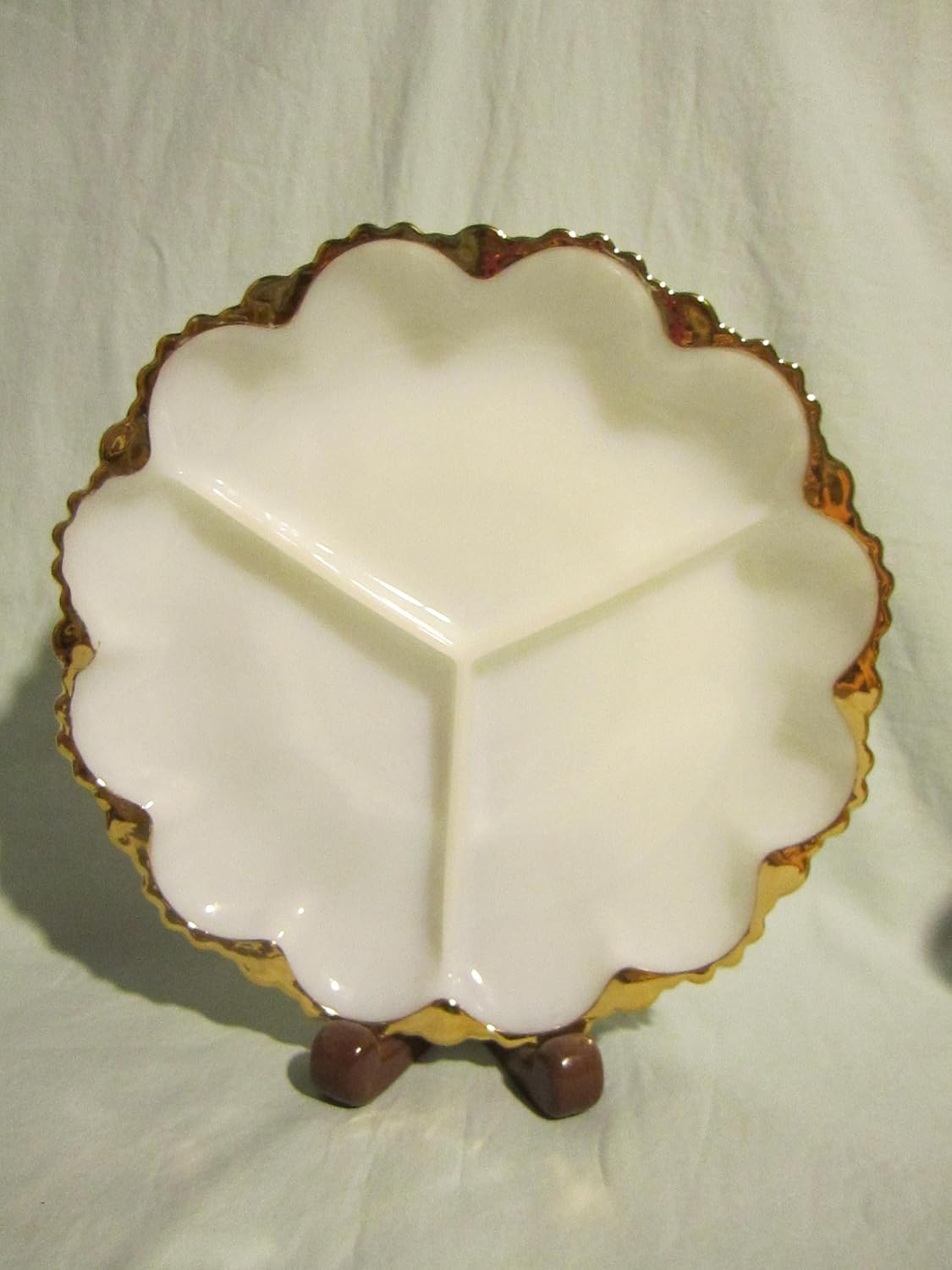 VINTAGE FIRE KING MILK GLASS 3 PART DIVIDED DISH GOLD TRIM anchor