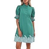 YEXPINE Women's Summer Embroidered Mini Dress Short Puff Sleeve Ruffle Collar Button Front Shift Dress