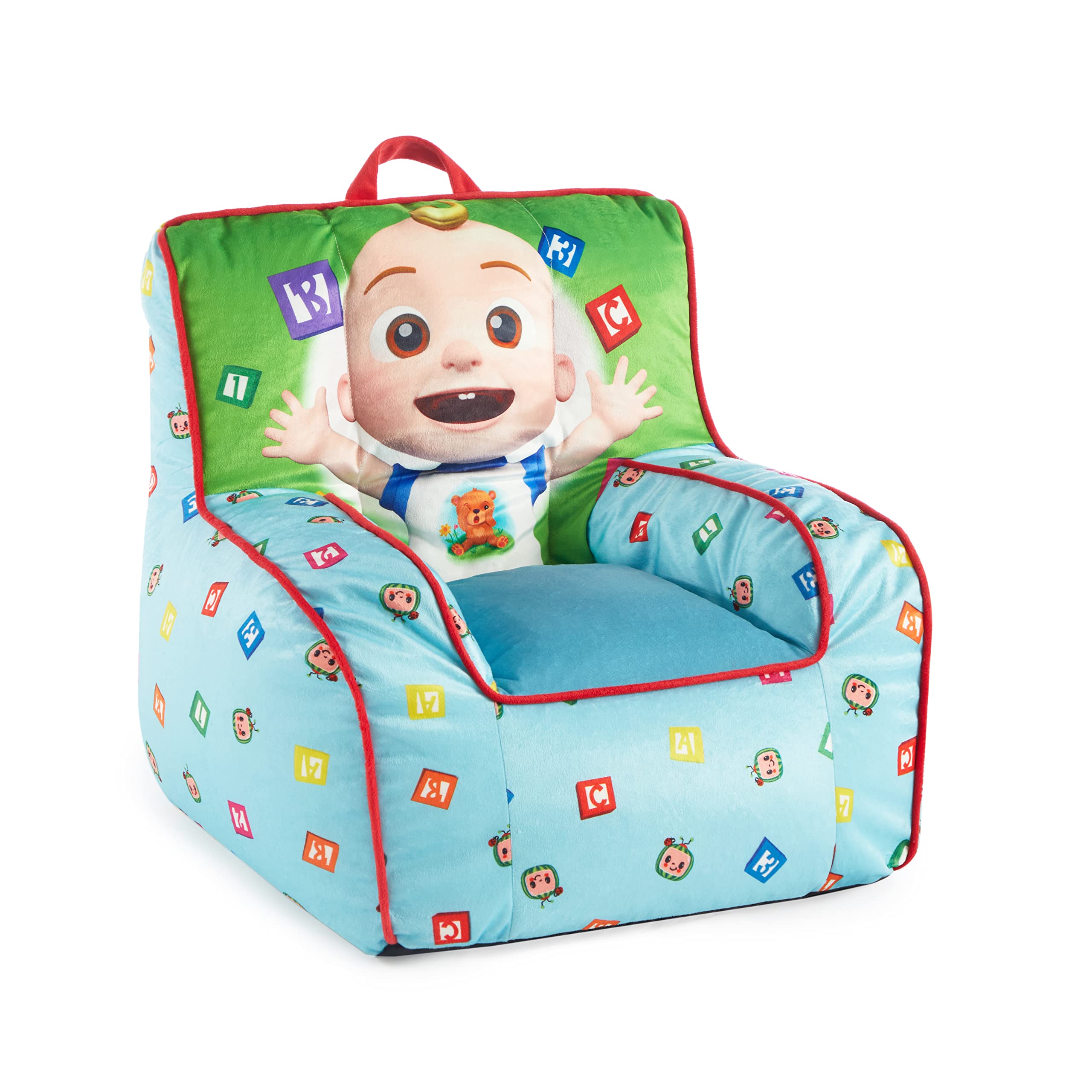 Idea Nuova Cocomelon Kids Mink Plush Bean Bag Chair with Piping & Top Carry Handle Image