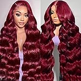AYMMOLI 28 Inch 99j Burgundy Lace Front Wigs Human Hair 13x4 HD Red Burgundy Wig Human Hair 200 Density Wine Red Body Wave Lace Front Wigs Pre Plucked Glueless Frontal Wigs for Women