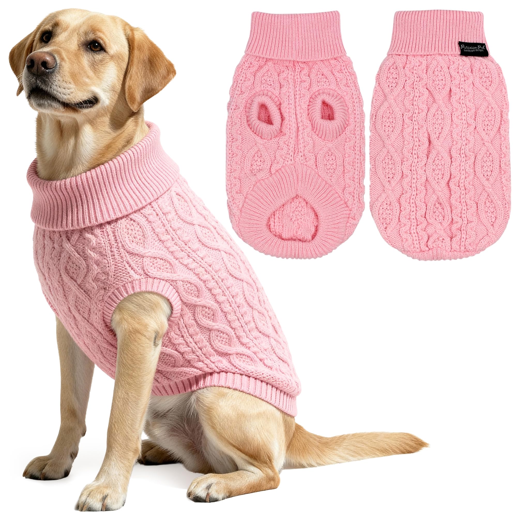 Parisian Pet - Turtleneck Sweater for Dogs - Pink Cable Knit Pullover – Warm Puppy Clothes - Size L