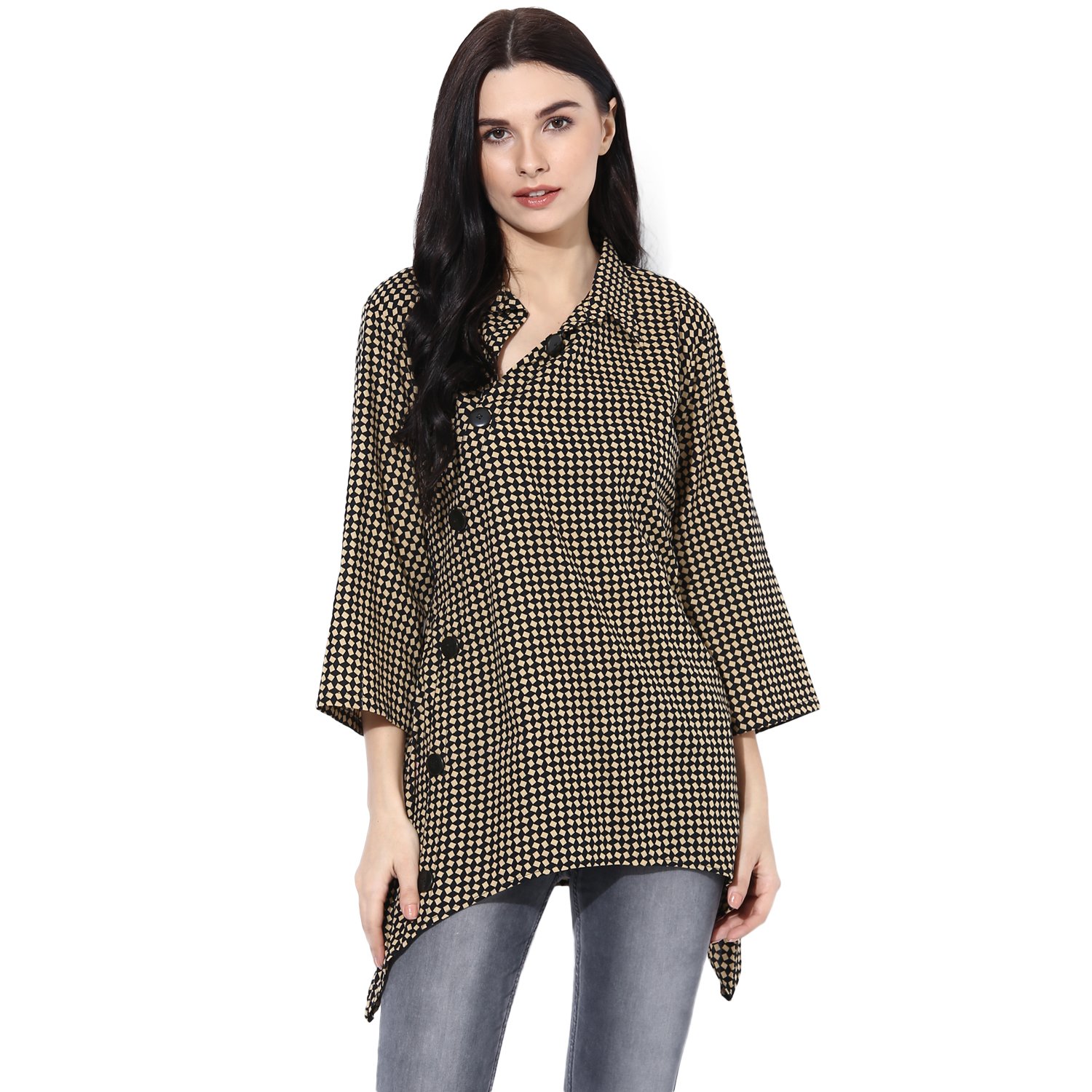 wabii women's beige cotton checked top